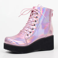 Original JIALUOWEI New Style Unisex&#39;s Shoes Punk Wedge Heel 7cm Pink Holographic Leather Halloween Costumes Gothic Ankle boots
