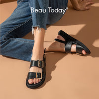 BEAU TODAY - Original Sandals Women Genuine Cow Leather Metal Detailed Ankle Buckle Strap Summer Beach Ladies Low Heel Shoes Handmade 38128
