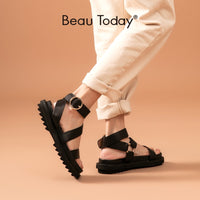 BEAU TODAY - Original Sandals Women Sheepskin Genuine Leather Ankle Strap Metal Ring Buckle Lady Summer Platform Shoes Handmade 38123