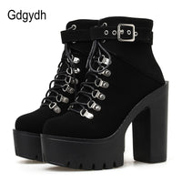 Original Gdgydh Lace Up Women Boots Platform Buckle Boot Winter Shoes Thick Heel Autmn Boots With Zipper Ankle Strap Black Suede Gothic