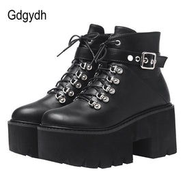 Original Gdgydh Autumn Winter Chunky Heel Platform Boots Lace-up Black Gothic Boots Women Plush Inside Comfortable Sexy Buckle Footwear