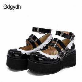 Original Gdgydh 2022 Women Pump Mary Janes Female Single Shoes Roune Toe Ankle Strap Buckle High Heels Girls Cosplay Shoes Japanese Style