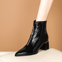 Original Winter Boots Women Genuine Leather Ankle Ladies Point Toe Short Boots Slip On Zipper Shoes 2021 Black Woman Thick Heel Boots