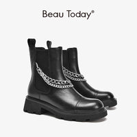 Original Beau Today Ankle Boots Chelsea Women Genuine Cow Leather Platform Bootie Elastic Band Metal Chain Ladies Shoes Handmade A03554