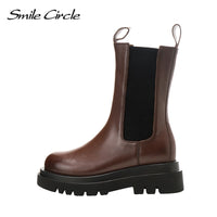 Original Smile Circle Autumn Slip-on Chelsea Boots Women Genuine Cow Leather fashion Round-toe Flat Platform Boots Lady shoes