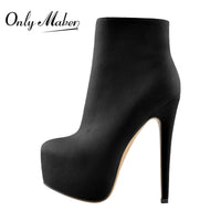 Original Only maker Women Booties Round Toe Platform Ankle Booties Black  Red Flock Stiletto Side Zipper 16CM High Heel Sexy Lady Boots