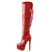 Original Only maker Women & Platform Round Toe Stiletto Side Zipper Knee High Boots16CM High Heel Patent Leather Red Long Boots For Winter
