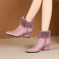 Original ZVQ Cute Sweet Leather Ankle Boots Winter Warm Chelsea Boots Pink Black Leather Party 5cm High Heels women&#39;s Shoes