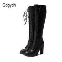Original Gdgydh 2022 Autumn Winter Women Knee-High Motorcycle Boots Thick Heel Platform Bow-knot Female Wedding Boots Plus Size 48 Gothic