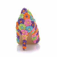 Original Crystal Queen Women Mutilcolor Lace Wedding Shoes 7CM High Heels Big Size Sweet Pumps Princess Party