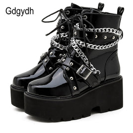 Original Gdgydh Autumn Winter Boots Women Sexy Chain Boots Ankle Buckle Strap Ankle Boots Square Heel Thick Sole Platform Rock Punk Style