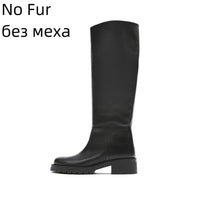 Original QUTAA INS Fashion Women Knee High Boots Full Cow Leather Warm Flats Thick High Heels Motorcycle Boots Woman Lady Shoes 34-43