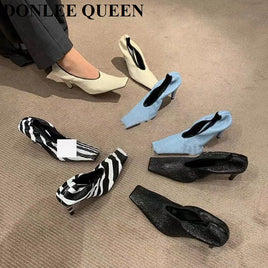 Original Fashion Square Toe Thin High Heel Shoes Women Shallow Elastic Pumps Autumn Shoe For Party Dress Zebra Chaussure Zapatillas Mujer