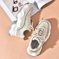 BEAU TODAY - Original Women Chunky Sneakers Synthetic Leather Mesh Patchwork Round Toe Lace-Up Thick Sole Ladies Breathable Shoe 29402
