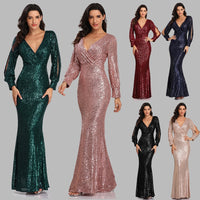 Original Sexy V-neck Mermaid Evening Dress Long Formal Prom Party Gown Full Sequins long Sleeve Galadress Vestidos Women Dresses 2021