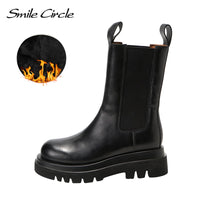 Original Smile Circle Autumn Slip-on Chelsea Boots Women Genuine Cow Leather fashion Round-toe Flat Platform Boots Lady shoes