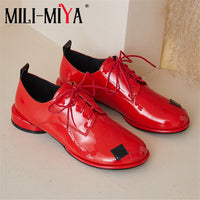 Original MILI-MIYA Personalized Design Mixed Color Women Patent Leather Pumps Lace-Up Round Toe Full Genuine Leather Fashion Street Shoes