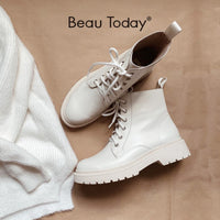 Original Beau Today Ankle Boots Women Genuine Cow Leather Lace-Up Round Toe Lady Booties Autumn Winter Platform Sole Shoes Handmade 03429