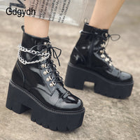 Original Gdgydh Patent Leather Gothic Black Boots Women Heel Sexy Chain Chunky Heel Platform Boots Female Punk Style Ankle Boots Zipper