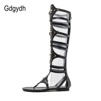 Original Gdgydh 2022 New Sexy Rhinestone Gladiator Knee Sandals Flats Back Zipper Black Silver Rome Knee High Sandals Women Wholesale