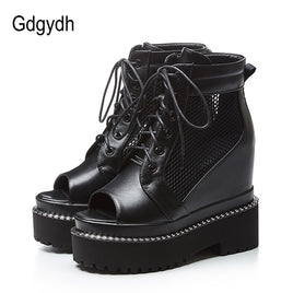 Original Gdgydh Open Toe Genuine Leather Boots Woman With Heels Breathable Mesh Shoes For Summer Black Leather Platform Boots Women New