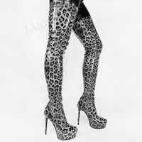Original LAIGZEM Women Crotch High Platform Boots Shiny Patent Side Zip Stiletto Heels Thigh High Boots Cosplay Plus Size 44 46 50 52
