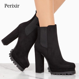 PERIXIR - Original Platform Ankle Boots for Women Elastic Siding Autumn Winter Women Thick Heel Platform Boots Ladies Worker Boots Black