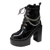 Original Gdgydh 2022 Autumn Winter Gothic Women Ankle Boots Fashion Metal Chain Patent Leather Female Short Boots Punk Style Ladies Shoes