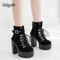 Original Gdgydh Lace Up Women Boots Platform Buckle Boot Winter Shoes Thick Heel Autmn Boots With Zipper Ankle Strap Black Suede Gothic