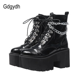 Original Gdgydh Patent Leather Gothic Black Boots Women Heel Sexy Chain Chunky Heel Platform Boots Female Punk Style Ankle Boots Zipper