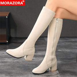 Original MORAZORA 2022 New arrival knee high boots thick high heels round toe ladies shoes winter black rice white color women boots