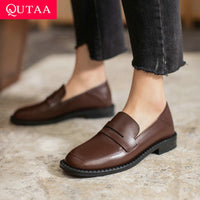 Original QUTAA 2021 Genuine Leather Square Heel Slip On Ladies Shoes Spring Autumn Casual Round Toe Basic Women Pumps Big Size 34-43