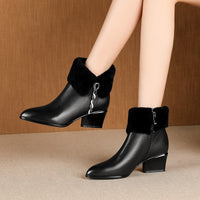 Original ZVQ Cute Sweet Leather Ankle Boots Winter Warm Chelsea Boots Pink Black Leather Party 5cm High Heels women&#39;s Shoes