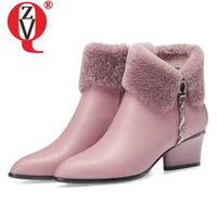 Original ZVQ Cute Sweet Leather Ankle Boots Winter Warm Chelsea Boots Pink Black Leather Party 5cm High Heels women&#39;s Shoes