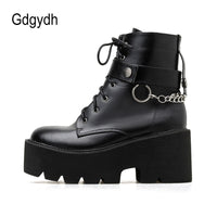 Original Gdgydh New Sexy Chain Women Leather Autumn Boots Block Heel Gothic Black Punk Style Platform Shoes Female Footwear High Quality