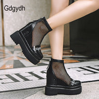 Original Gdgydh Gothic Punk Black Summer Mesh Booties Women Height Increasing Genuine Pantent Leather Summer Shoes Hollow Out Zipper New