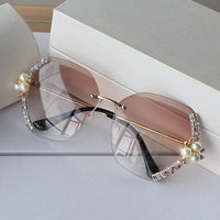 Original Diamond Pearl Gradient Sunglasses Women Rimless Vintage Luxury Crystal Glasses Fashion Vintage Eyeglasses Lentes De Sol Mujer