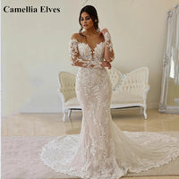 Original Sexy Boho Lace Wedding Dresses Mermaid Illusion Bodice Vestido De Noiva Long Sleeve Sheer Neck Appliques Bridal Gowns 2022 DIGITAL OFFICE ELECTRONIC