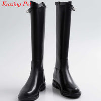 Original krazing pot Winter round toe cow leather metal buckle decoration keep warm plus size thick low heels riding knee-high boots l13