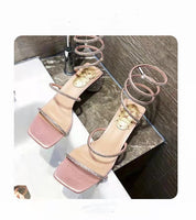 Original 2022 Summer Women&#39;s Sandals Fashion Luxury Square Toe Club Rhinestone Snake Wrap High Heel Sandals Birthday Wedding Party Shoes