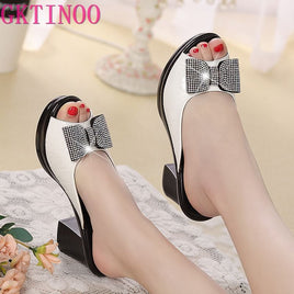 Original 2022 new women sandals Women slippers genuine leather rhinestone thick high-heeled color block decoration open toe women sandals