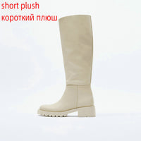 Original QUTAA INS Fashion Women Knee High Boots Full Cow Leather Warm Flats Thick High Heels Motorcycle Boots Woman Lady Shoes 34-43