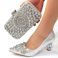 Original 2022 Italian Design Women&#39;s Catwalk Shoes Designer Heels Pointed Rhinestone Embroidered Wedding Party Shoes and Bag Set