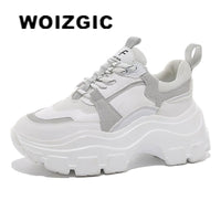 Original WOIZGIC Female Women&#39;s Genuine Leather White Shoes Sneakers Platform Spring Breathable Lace Up Sports High Sole 35-40 YL-7