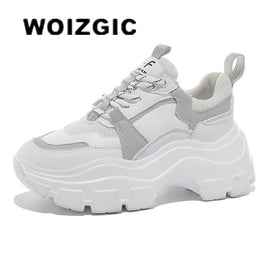 Original WOIZGIC Female Women&#39;s Genuine Leather White Shoes Sneakers Platform Spring Breathable Lace Up Sports High Sole 35-40 YL-7