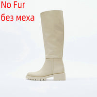 Original QUTAA INS Fashion Women Knee High Boots Full Cow Leather Warm Flats Thick High Heels Motorcycle Boots Woman Lady Shoes 34-43