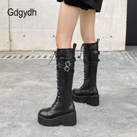 Original Gdgydh Fashion Women Boots Cross Strap PU Leather Autumn Winter Knee High Boots Ladies Thick Sole Platform Shoes Punk Gothic