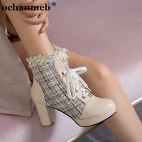 Original New Arrival Designer Shoes Women Plus Size 43 Tweed Boots Square High Heels Platform Tweed Shoes Autumn Winter Lace up Round Toe