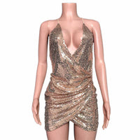 Original Sexy Women Sequins Glitter Sparkle Deep V Neck Halter Backless Bodycon Short Mini Dress Evening Party Wrap Hip Package Dress