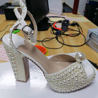 Original 2021 Pearl Platform Sandals Women Open Toe Rhinestone Diamond Square High Heels Shoes Woman Sexy Wedding Shoes